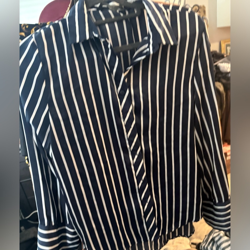 Zara Basic Navy and White Striped button down top